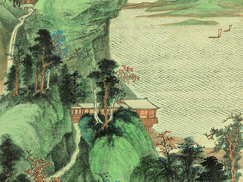 张大千绘画作品，中国近现代水墨画，写意水墨画－江堤晚景  副