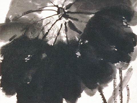 齐白石写意水墨画，近现代水墨画 荷下鸳鸯2 19x78