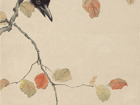 徐悲鸿水墨画，水墨花鸟动物画，近现代水墨画， 晚秋喜鹊图 纸