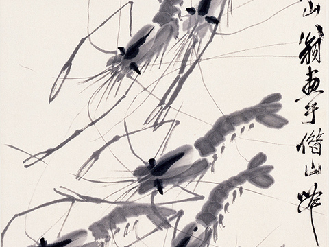 齐白石写意水墨画，近现代水墨画 虾 31x79