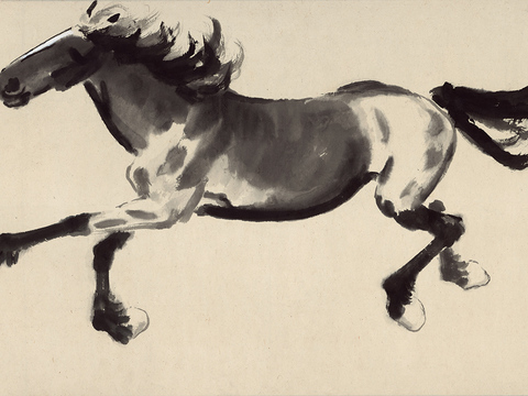 徐悲鸿水墨画，水墨花鸟动物画，近现代水墨画， 百战归马图 纸