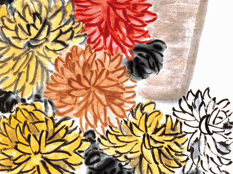  齐白石写意水墨画，近现代水墨画 菊花酒坛 27x108 