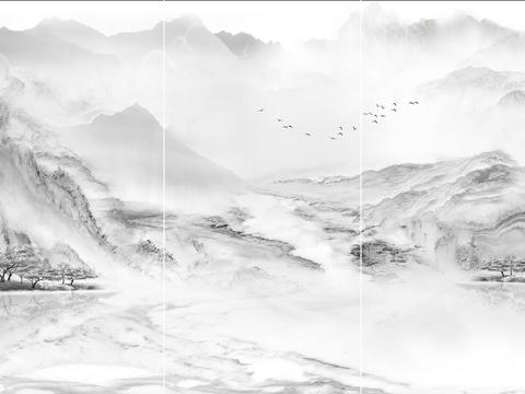 新中式山水岩板背景墙