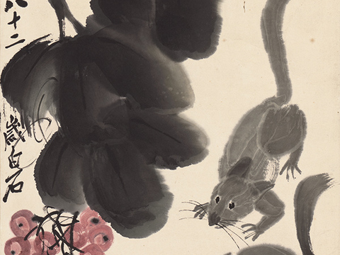 齐白石写意水墨画，近现代水墨画葡萄松鼠图 33x68