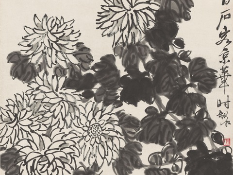 齐白石写意水墨画，近现代水墨画-墨菊螃蟹图