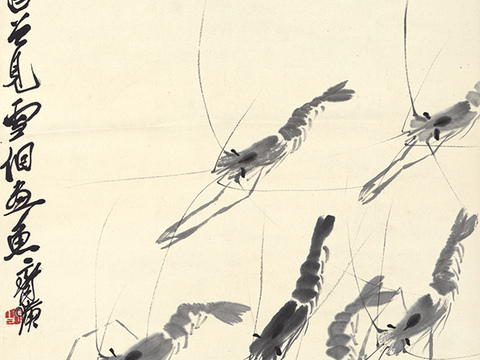 齐白石写意水墨画，近现代水墨画英 鱼虾欢戏图 41x98