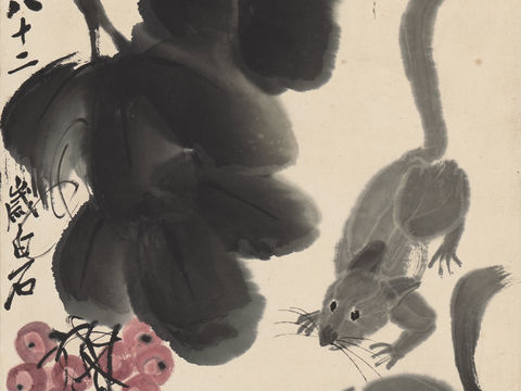 齐白石写意水墨画，近现代水墨画双鼠葡萄藤
