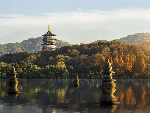  山水外景贴图 西湖风景 夕阳 宝塔 朝阳 