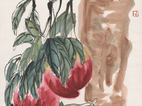 齐白石写意水墨画，近现代水墨画桃实图