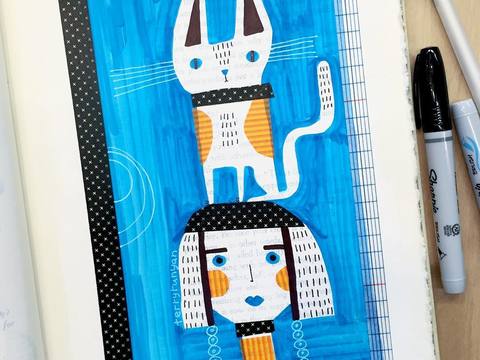  可爱动物手绘，创意童趣插画，猫咪动物插画，治愈系插画，可爱儿 