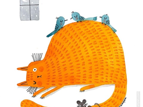  可爱动物手绘，创意童趣插画，猫咪动物插画，治愈系插画，可爱儿 