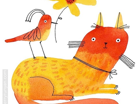  可爱动物手绘创意童趣插画猫咪动物插画治愈系插画可爱儿童插画 