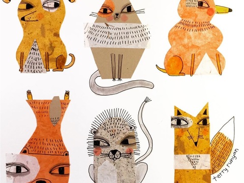  可爱动物手绘，创意童趣插画，猫咪动物插画，治愈系插画，可爱儿 