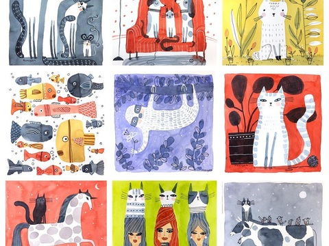  可爱动物手绘创意童趣插画猫咪动物插画治愈系插画可爱儿童插画 