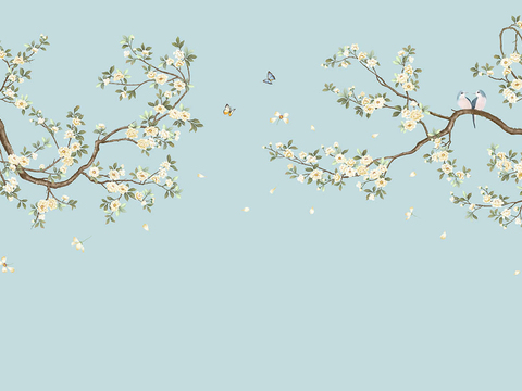  蓝色中式花鸟壁纸 