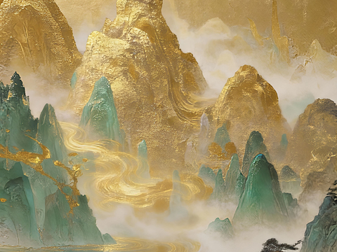 新中式新中式民俗风景装饰画 金色风景画