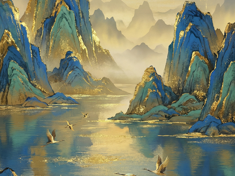 新中式民俗风景装饰画 金色风景画