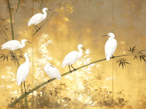 新中式轻奢装饰画 水鸟动物竹林宫廷壁画
