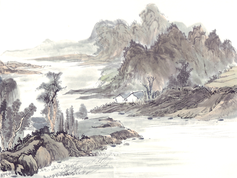  中式新中式挂画壁画字画山水花鸟背景墙壁纸装饰画抽象画油画 