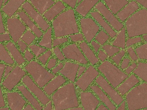 红色砂岩多边形石材嵌草铺地011