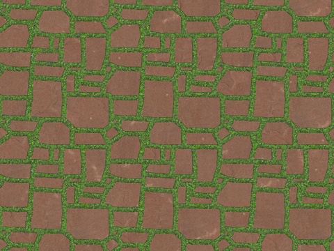 红色砂岩多边形石材嵌草铺地006