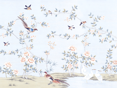  新中式壁纸壁画壁布墙纸墙布云海山水字画花鸟仙鹤荷花花鸟建筑背 