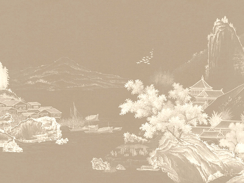  新中式壁纸壁画壁布墙纸墙布云海山水字画花鸟仙鹤荷花花鸟建筑背 