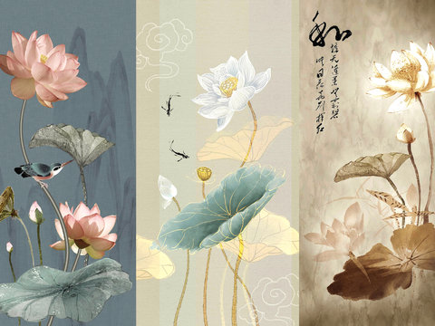  新中式壁纸壁画壁布墙纸墙布云海山水字画花鸟仙鹤荷花花鸟建筑背 