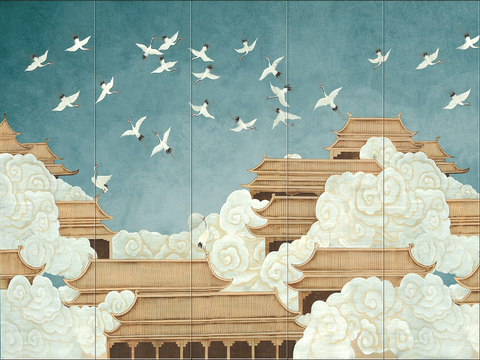  新中式壁纸壁画壁布墙纸墙布云海山水字画花鸟仙鹤荷花花鸟建筑背 