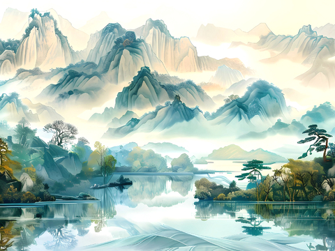  新中式壁纸壁画壁布墙纸墙布云海山水字画花鸟仙鹤荷花花鸟建筑背 