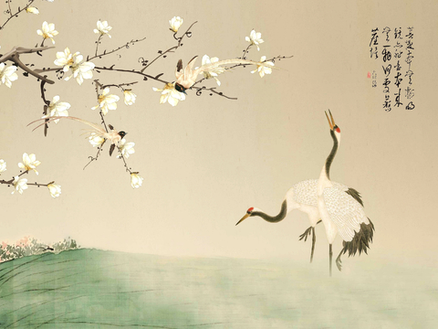  新中式壁纸壁画壁布墙纸墙布云海山水字画花鸟仙鹤荷花花鸟建筑背 