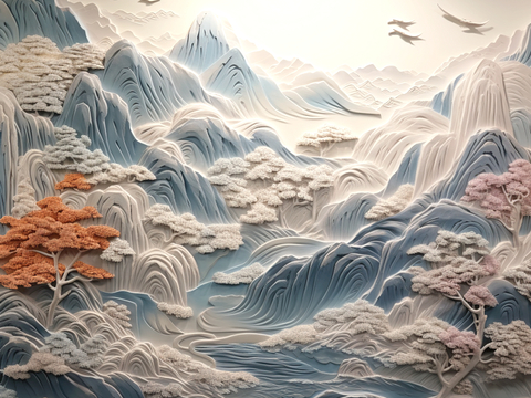 新中式壁纸壁画壁布墙纸墙布云海山水字画花鸟仙鹤荷花花鸟建筑背