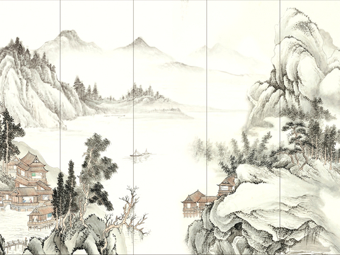  新中式壁纸壁画壁布墙纸墙布云海山水字画花鸟仙鹤荷花花鸟建筑背 