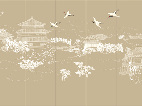  新中式壁纸壁画壁布墙纸墙布云海山水字画花鸟仙鹤荷花花鸟建筑背 