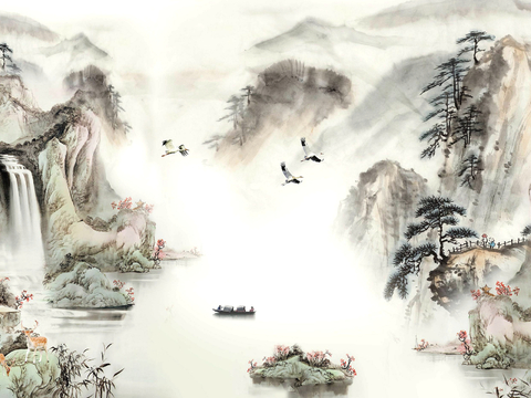  新中式壁纸壁画壁布墙纸墙布云海山水字画花鸟仙鹤荷花花鸟建筑背 