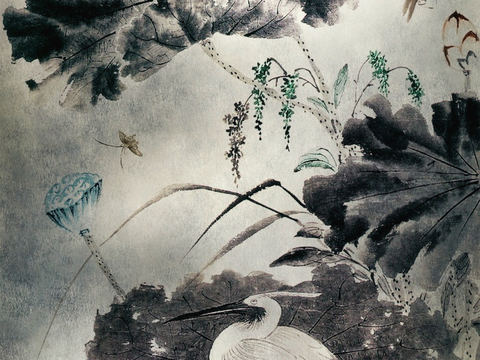  新中式壁纸壁画壁布墙纸墙布云海山水字画花鸟仙鹤荷花花鸟建筑背 