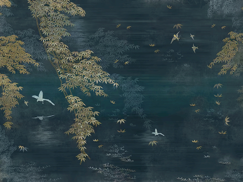  新中式壁纸壁画壁布墙纸墙布云海山水字画花鸟仙鹤荷花花鸟建筑背 