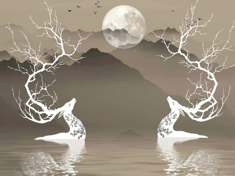 新中式壁纸壁画壁布墙纸墙布云海山水字画花鸟仙鹤荷花花鸟建筑背