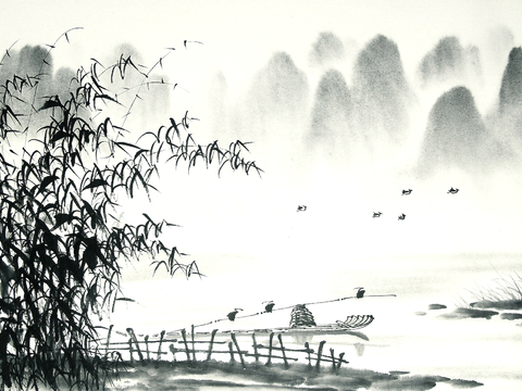  新中式壁纸壁画壁布墙纸墙布云海山水字画花鸟仙鹤荷花花鸟建筑背 