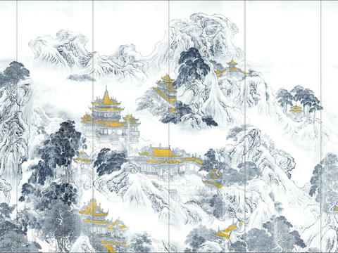  新中式壁纸壁画壁布墙纸墙布云海山水字画花鸟仙鹤荷花花鸟建筑背 