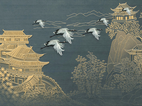  新中式壁纸壁画壁布墙纸墙布云海山水字画花鸟仙鹤荷花花鸟建筑背 