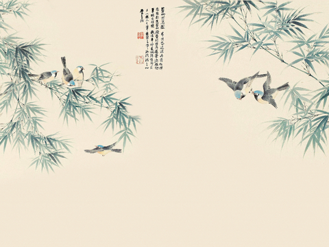  新中式壁纸壁画壁布墙纸墙布云海山水字画花鸟仙鹤荷花花鸟建筑背 