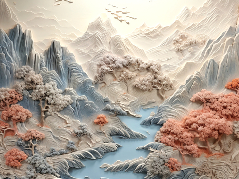 新中式壁纸壁画壁布墙纸墙布云海山水字画花鸟仙鹤荷花花鸟建筑背