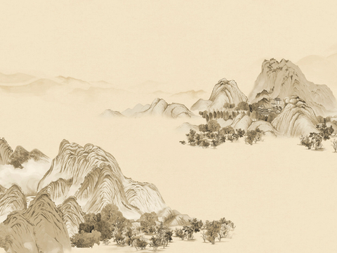  新中式壁纸壁画壁布墙纸墙布云海山水字画花鸟仙鹤荷花花鸟建筑背 