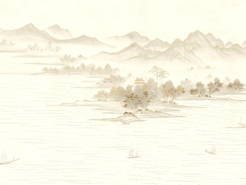  新中式壁纸壁画壁布墙纸墙布云海山水字画花鸟仙鹤荷花花鸟建筑背 