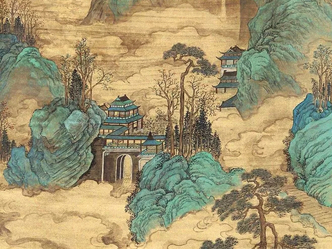  新中式壁纸壁画壁布墙纸墙布云海山水字画花鸟仙鹤荷花花鸟建筑背 