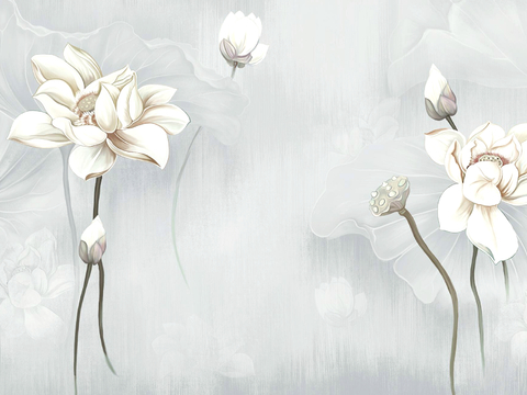 新中式壁纸壁画壁布墙纸墙布云海山水字画花鸟仙鹤荷花花鸟建筑背