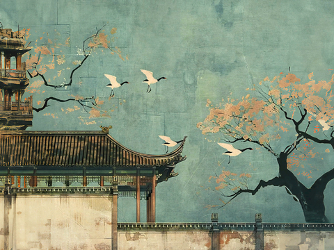  新中式壁纸壁画壁布墙纸墙布云海山水字画花鸟仙鹤荷花花鸟建筑背 