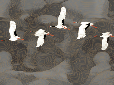  新中式壁纸壁画壁布墙纸墙布云海山水字画花鸟仙鹤荷花花鸟建筑背 