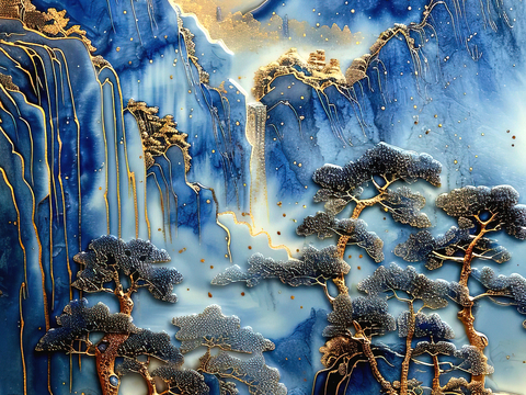  新中式壁纸壁画壁布墙纸墙布云海山水字画花鸟仙鹤荷花花鸟建筑背 